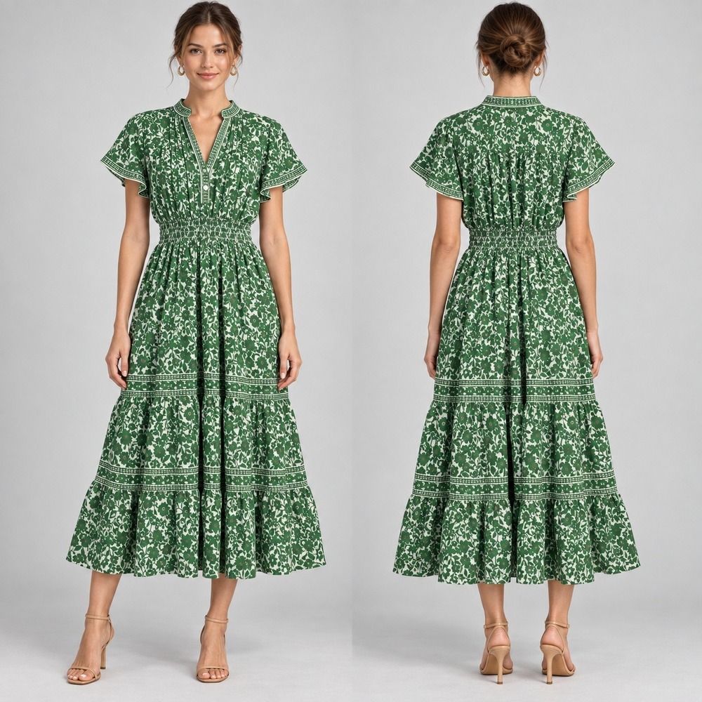 Max Studio Petite Large LP Green/White Floral Smocked Tiered Ruffle Midi Dress